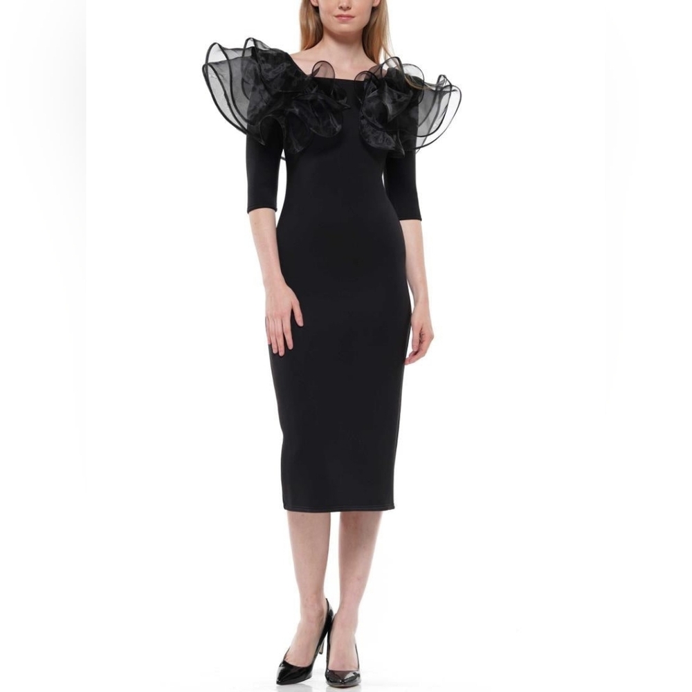 Chic Black Midi Dress with Dramatic Ruffle